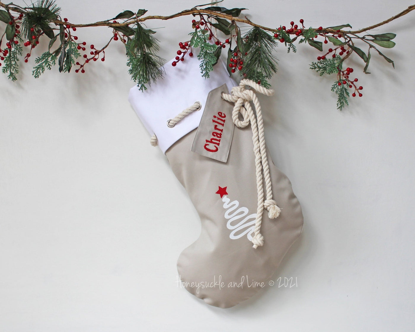 Personalised Christmas Stocking Tree - Natural - Honeysuckle and Lime