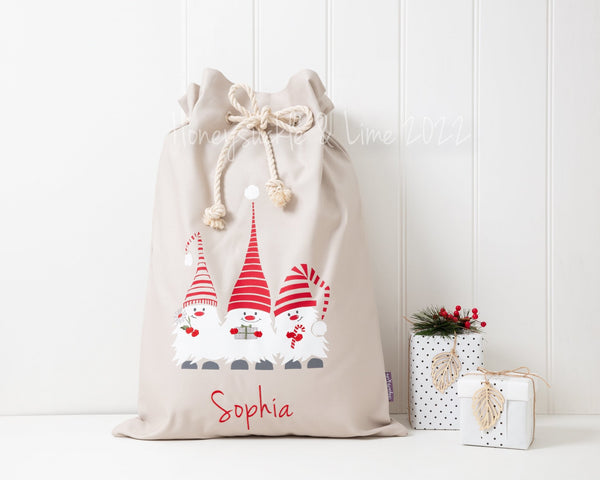 Personalised Santa Sack Christmas Gnomes - Natural - Honeysuckle and Lime