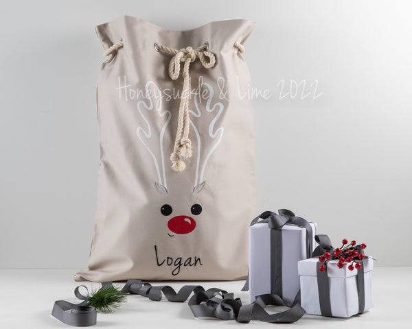 Personalised Santa Sack Reindeer face - Natural - Honeysuckle and Lime