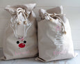 Personalised Santa Sack Reindeer face - Natural with Flowers - Honeysuckle and Lime