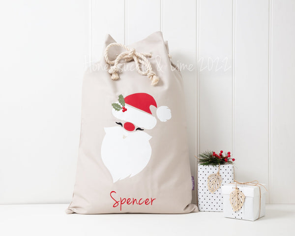 Personalised Santa Sack Santa Face - Natural - Honeysuckle and Lime