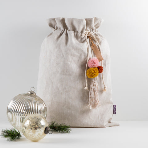 Natural Linen Santa Sack with Pom Pom tassel