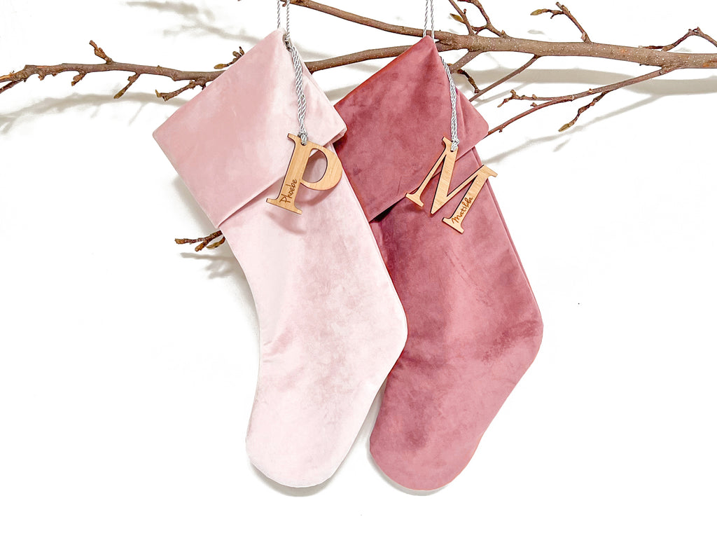 2 stockings in velvet.  One in light pink and one in mid pink