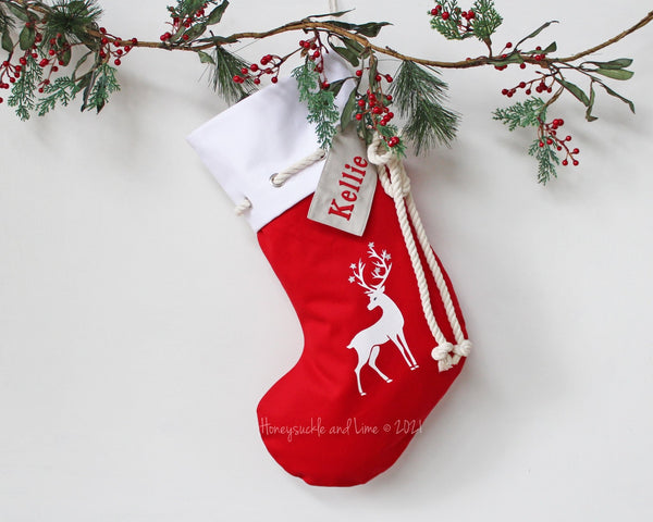 Personalised Christmas Stocking Reindeer - Red - Honeysuckle and Lime