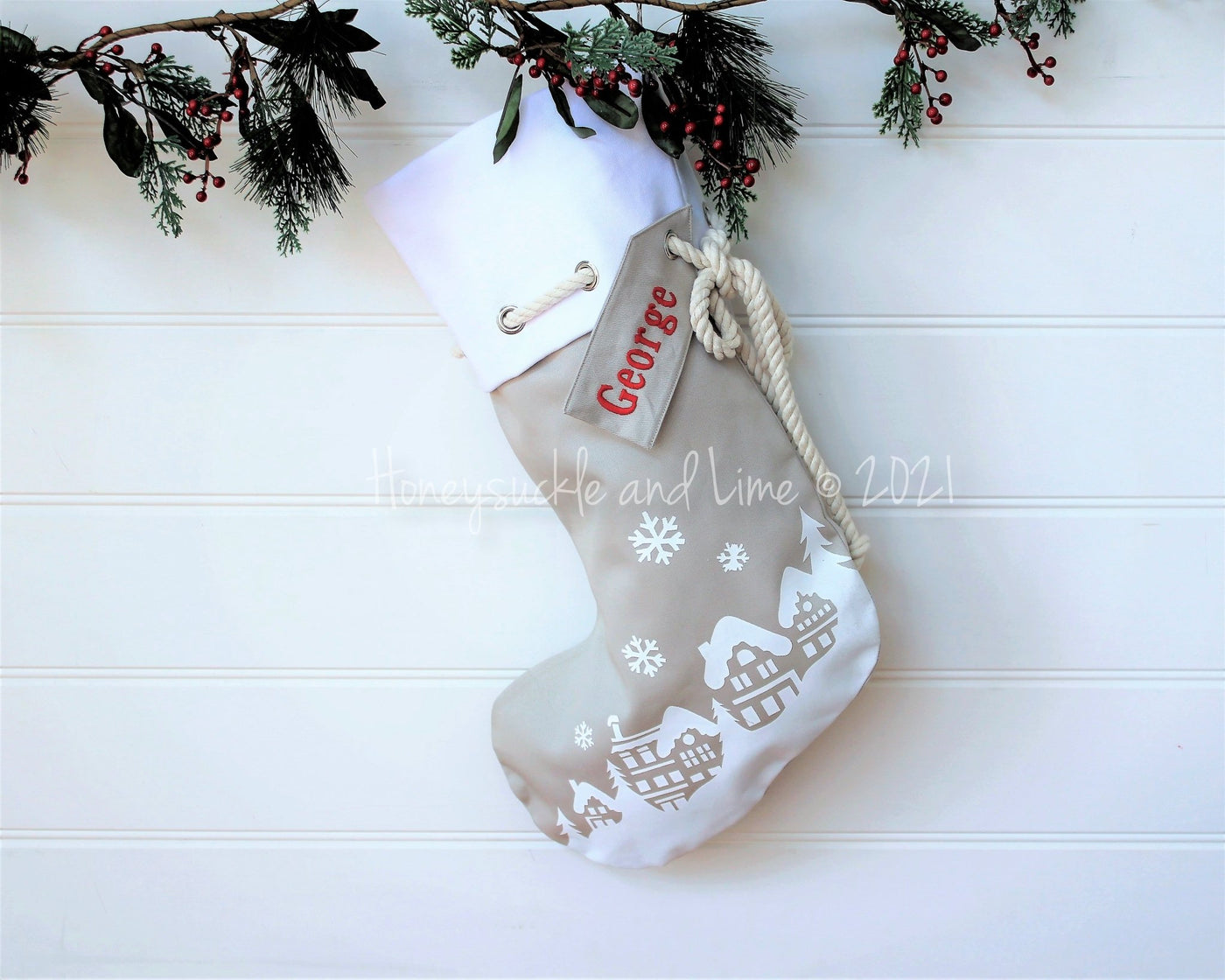Personalised Christmas Stocking Village - Natural - Honeysuckle and Lime