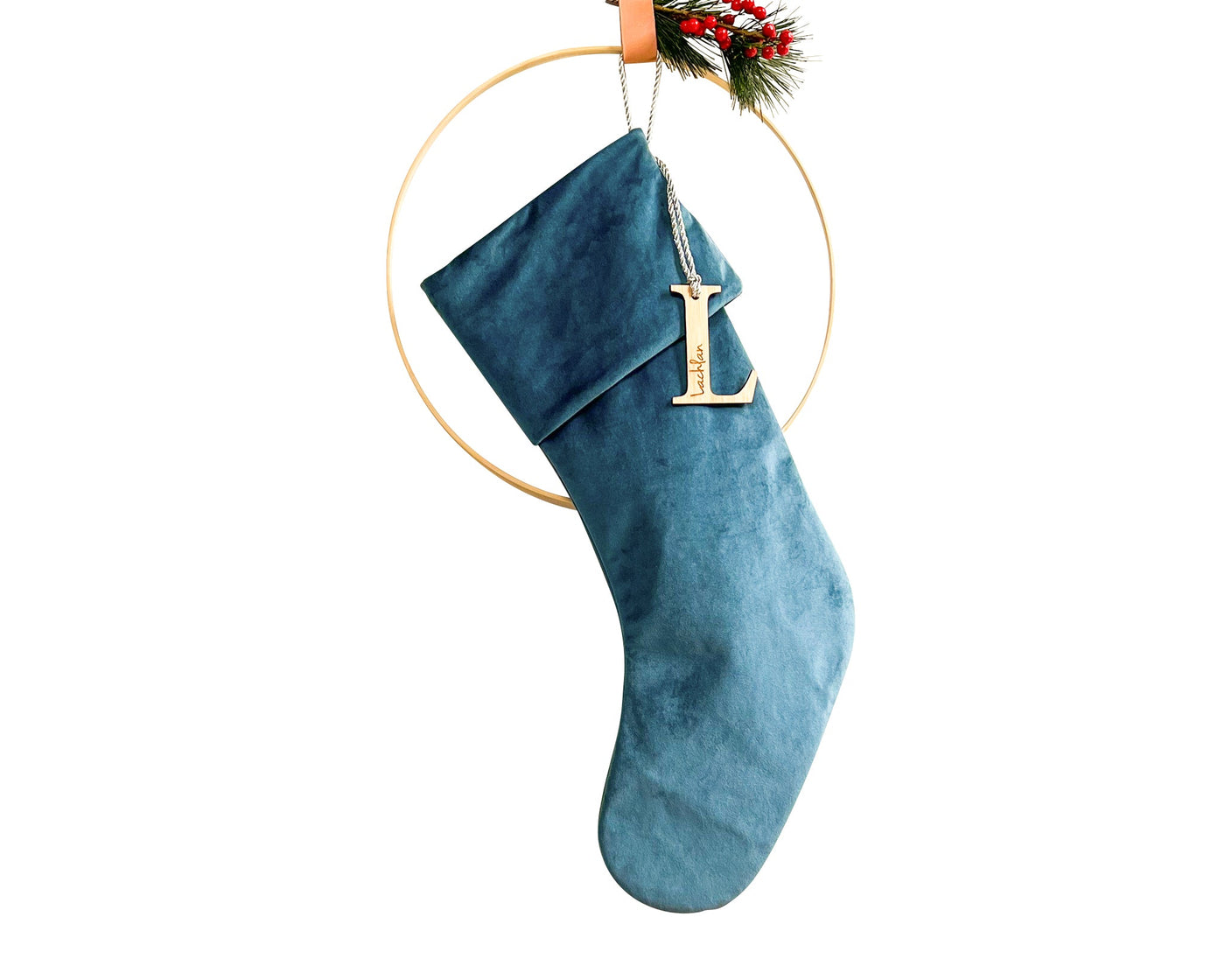 Personalised Handmade Velvet Christmas Stocking - Ocean Blue - Honeysuckle and Lime