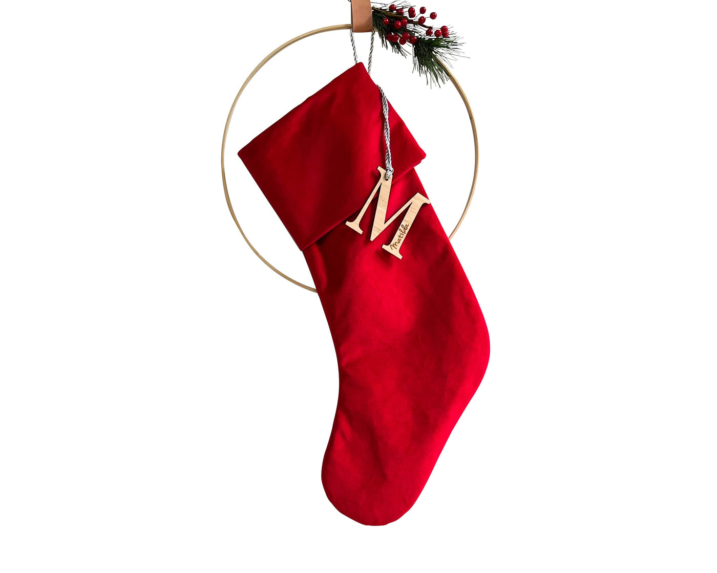 Personalised Handmade Velvet Christmas Stocking - Scarlet Red - Honeysuckle and Lime