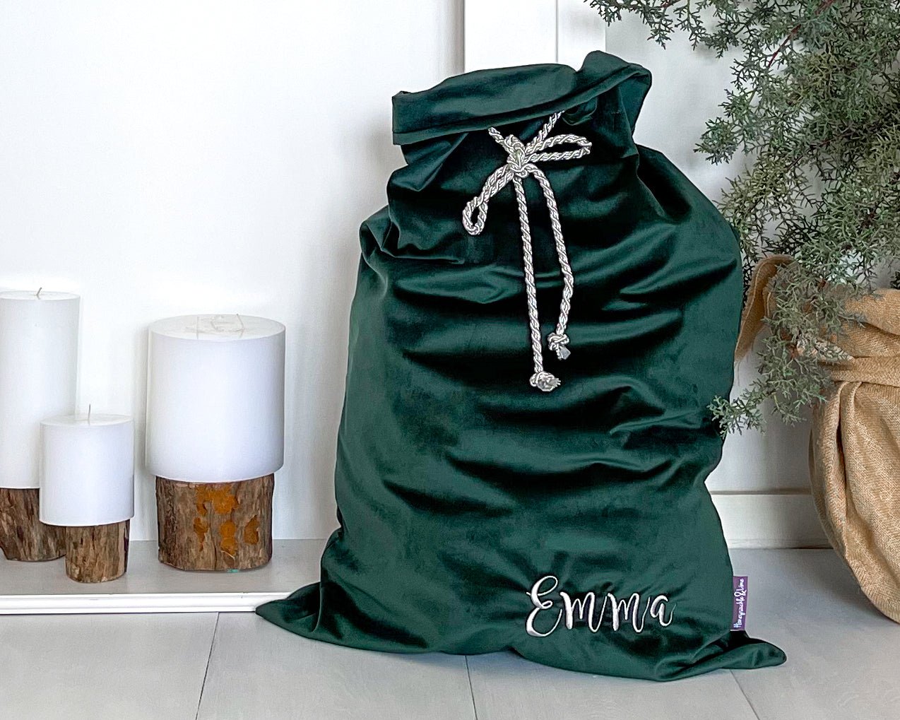 Personalised Luxury Velvet Santa Sack - Emerald - Honeysuckle and Lime