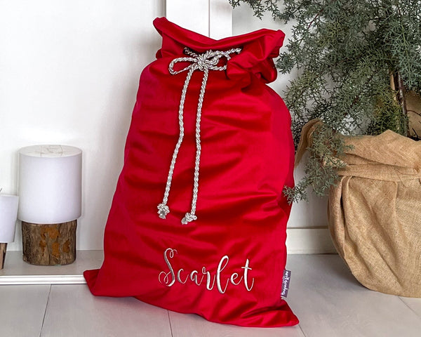 Personalised Luxury Velvet Santa Sack - Scarlet - Honeysuckle and Lime