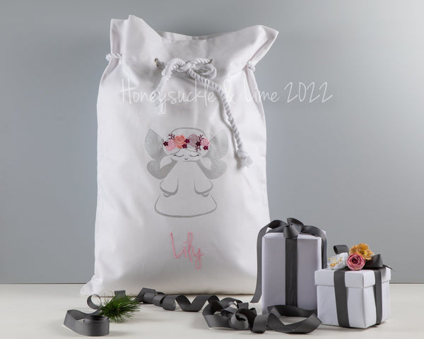 Personalised Santa Sack Angel - White with Flowers - Honeysuckle and Lime