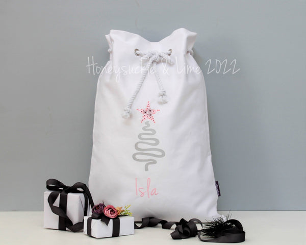 Personalised Santa Sack Christmas Tree - White with Flower Star - Honeysuckle and Lime