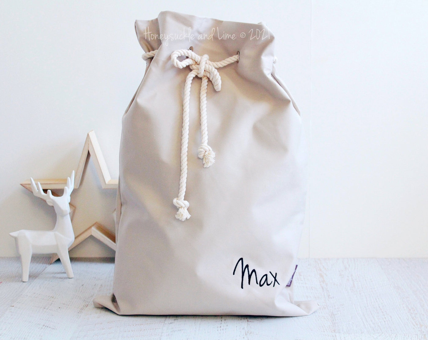 Personalised Santa Sack - Natural with Calligraphy or Script Font - Honeysuckle and Lime