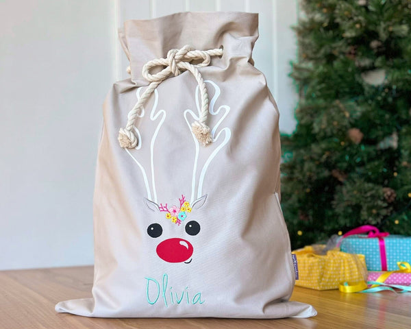 Personalised Santa Sack Reindeer Face - Natural with Flowers Merry & Bright - Honeysuckle and Lime