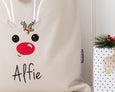 Personalised Santa Sack Reindeer face - Natural with Holly - Honeysuckle and Lime