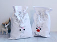 Personalised Santa Sack Reindeer Face, Red Nose - White with Flowers - Honeysuckle and Lime