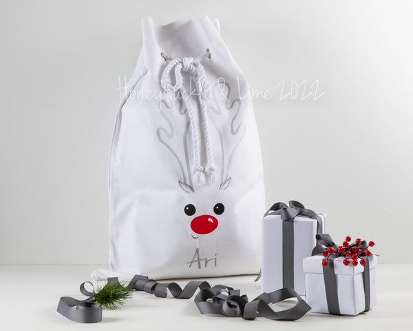 Personalised Santa Sack Reindeer Face -White with Red Nose - Honeysuckle and Lime