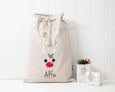 Personalised Santa Sack Reindeer Face -White with Red Nose - Honeysuckle and Lime