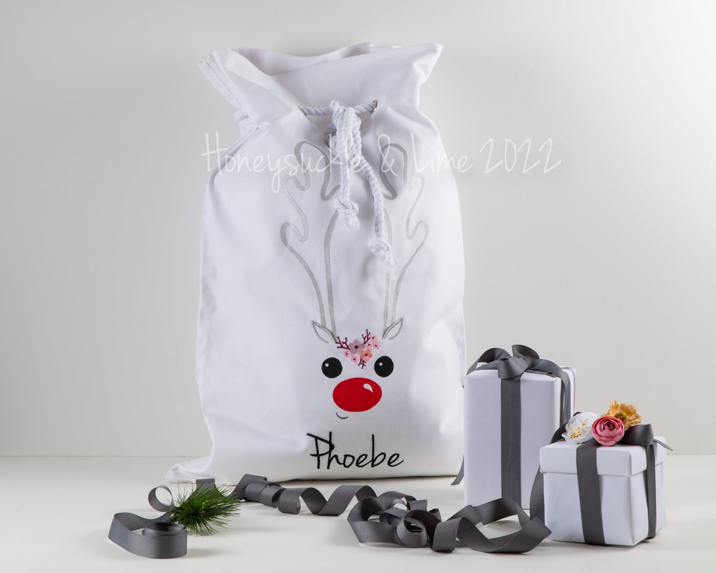 Personalised Santa Sack Reindeer Face - White with Red Nose and Flowers - Honeysuckle and Lime