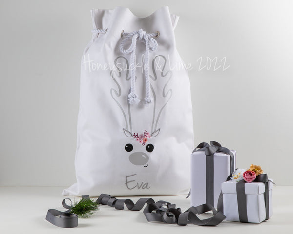 Personalised Santa Sack Reindeer Face - White with Silver Nose and Flowers - Honeysuckle and Lime