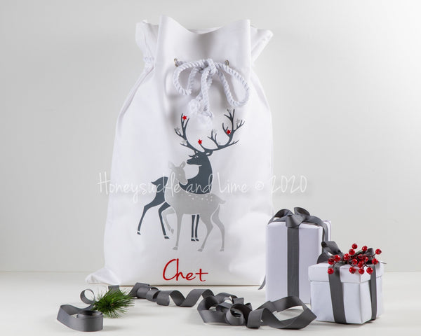 Personalised Santa Sack Reindeer Friends - White - Honeysuckle and Lime