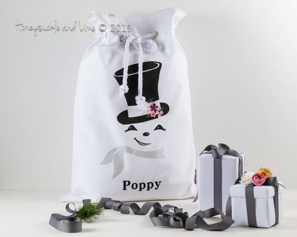 Personalised Santa Sack Snowman - White with Flowers - Honeysuckle and Lime