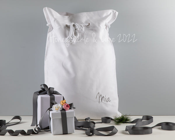 Personalised Santa Sack -White with Calligraphy or Script Font - Honeysuckle and Lime